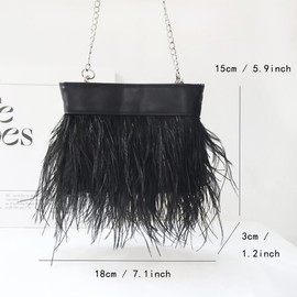LAGO DE SAC Women Natural Fluffy Ostrich Feather Evening Clutch Purse Shoulder Crossbody Bag (Black)