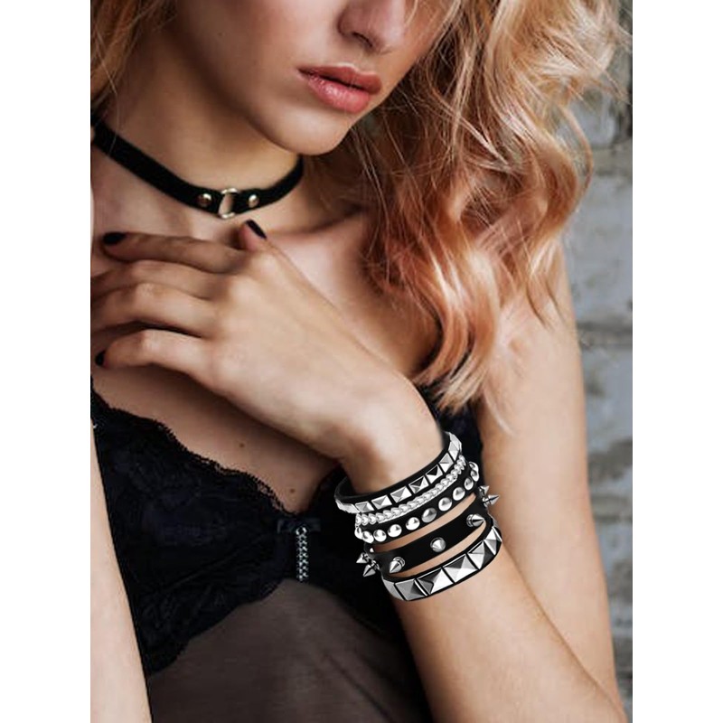 Tosmifairy 3 Pieces Punk Rock Leather Bracelets for Women Pop