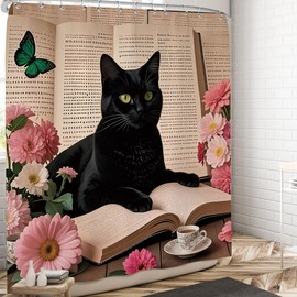 Pakena Cute Black Cat Shower Curtain, Kitten Reading Book Funny Shower Curtains Set Fun Animal Whimsical Aesthetic Pink Flower Floral Girls Bath Curtain Modern Kids Bathroom Decor 60x72 Inch