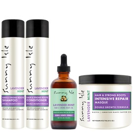 Sunny Isle Lavender Mint Hair & Strong Roots Oil 4oz, Shampoo, Conditioner 10.1oz, Hair Masque 16oz 4-Piece Bundle | Strengthening with Biotin and Jamaican Black Castor Oil | Double Growth Formula