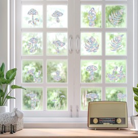28PCS Rainbow Mushroom and Leaf Window Decals to Prevent Bird Strikes, Anti-Collision Window Stickers, Stop Birds from Hitting Windows- Static Window Decals for Glass Doors & Windows