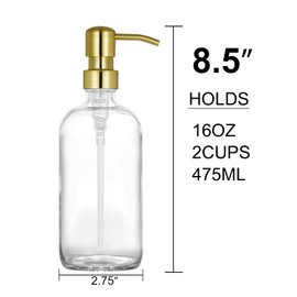 2 Pack Thick Clear Glass Pint Hand Soap Dispenser Bathroom with Gold Stainless Steel Pump, 16ounce Clear Boston Round Bottles Dispenser with Rustproof Pump for Kitchen Dish, Lotion Soap