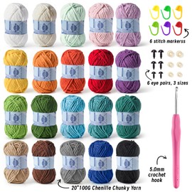 20 Pack Fluff Chenille Chunky Yarn for Crocheting Premier Puzzle - Velvet Baby Crochet Yarn with Black White Purple Pink Blue Coffee Red Khaki Yellow Amigurumi Set A