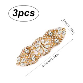 SAVITA Pack of 3 Rhinestone Appliques, 9.5 x 3 cm Rhinestone Iron-On Patches, Bling Rhinestone Applique, Rhinestone Appliques, Wedding for Bride, Clothing, Belt, Dress (Gold)