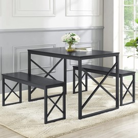 VECELO VECELO Kitchen Table with 2 Benches for 4, Wood Dining Room Dinette Sets with Metal Frame for Breakfast Nook and Small Space, Black