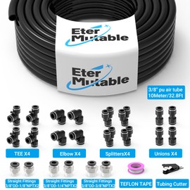 EterMutable 3/8 Inch OD Blcak Polyurethane PU Pneumatic Air Hose Tubing kits 32.8 Feet/10Meter Air Brake Line Tubing Compressed Accessories 25Packs
