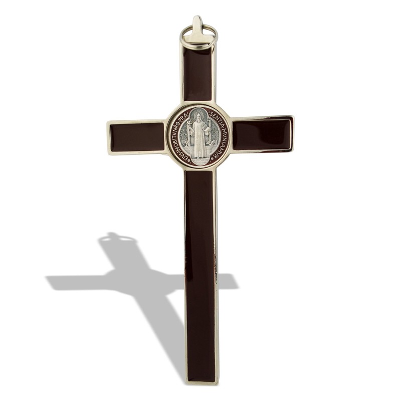 Crucifijo de pared de San Benito con esmalte de colores