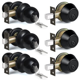 BESTTEN 3 Pack Keyed Alike Exterior Door Knobs and Single Cylinder Deadbolts Combo Set, Matte Black Exterior Door Lock Set for Entrance and Front Door