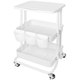 Beaugreen Metal Rolling Cart with Tabletop and Hanging Cup,3 Tier Utility Cart Storage Shelves on Wheels for Library Office Classroom Home (White)