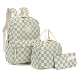 Dezcrab School Backpack for Girls - Girls Backpack with Lunch Box Pencil Case for Teen Kids Elementary Middle Bookbag (Corduroy Checkered Green)