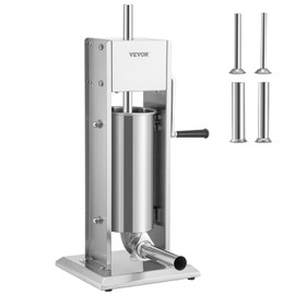 VEVOR Manual 11LBS/5L Capacity, Two Speed 304 Stainless Steel Vertical Stuffer, Sausage Filling Machine with 4 Stuffing Tubes, Suction Base for Household or Commercial Use, 5L, Silver