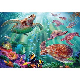 Crown Point Graphics Turtle Voyage - 1000 Piece Soft Touch Jigsaw Puzzle - Artist Steve Sundram - Soft Touch Design - Ocean Wildlife Puzzle with Sea Turtles, Tropical Fish, Coral Reef and Seahorse