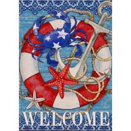 Furiaz Welcome Garden Flag, House Yard Lawn Summer Nautical Decorative Small Flag Crab Anchor Lifebuoy Home Outside Decorations, Sea Coastal Beach Ocean Farmhouse Outdoor Decor Flag Double Sided 12x18