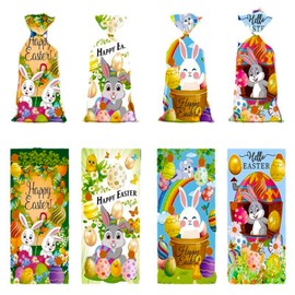 Jagrove Cellophane Treat Bags with Gold Twist Ties 100 Pieces Bunny Chick Eggs Print Plastic Bags Goodie Cookies Candy Bread Gift Bags for Easter Party Supplies
