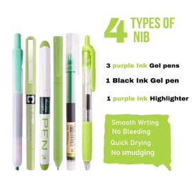 Unimoety Green and Black Ink Gel Pens with Bible Journaling Highlighter, Fine Point 0.5mm Cute Colored Gel Ink Pens No Bleed for Office School, Note Taking, 5 Green,1 Black
