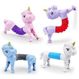 Babioms Pack of 4 Unicorn Telescopic Tube Toy Pony Animal Tubes Telescopic Toy Funny Stretch Tube Sensory Toy in Animal Shape Stretch and Decompress Educational Toy for Children