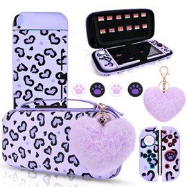 DLseego Love Heart Leopard Carrying Case for Switch 2017 Accessories Set, Portable Carrying Case with 1 Soft TPU Shell & 1PCS Plush Heart Pendant & 12 Slots & 4PCS Cat Paw Thumb Grips Caps- Purple