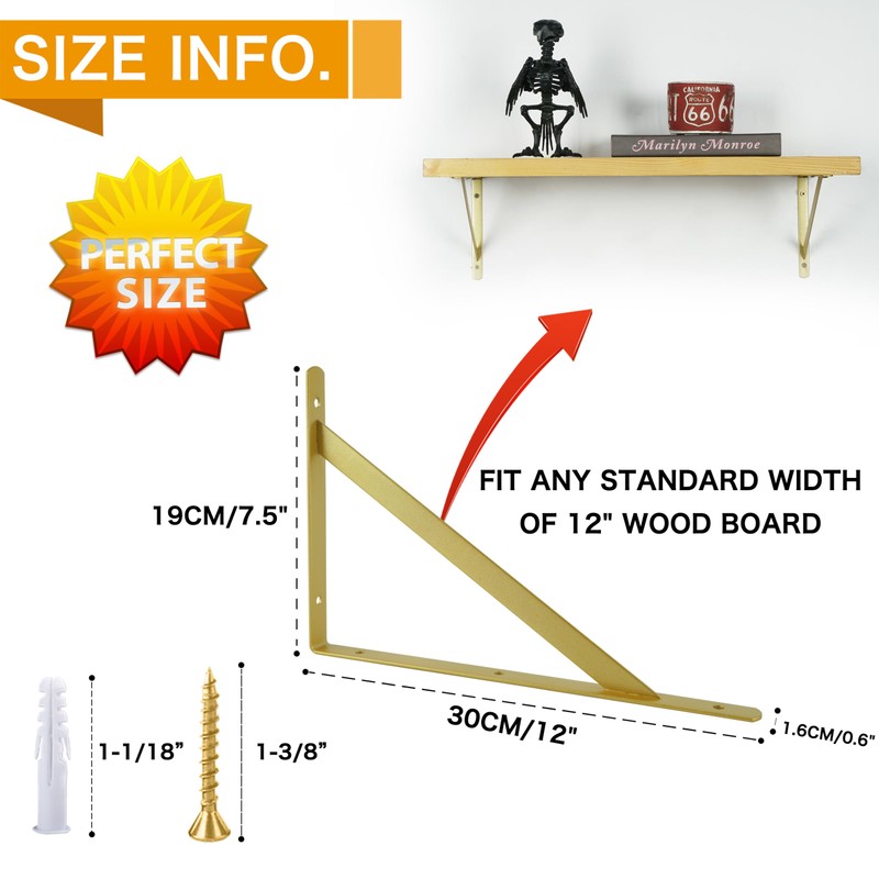 EZYDECOR Shelf Brackets Gold Brackets for Shelves 300mm/12 Inch Triangle