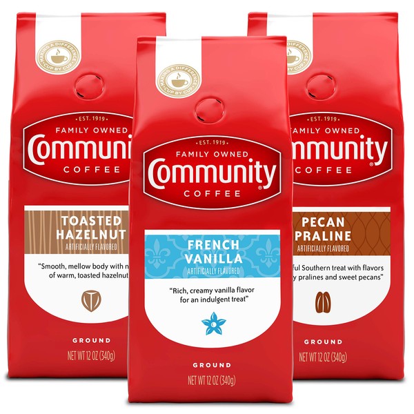 Community Coffee Flavored Variety Pack Medium Roast Premium Ground 12 Oz Bag (3 Pack), Medium Full Body Rich Smooth Taste, 100% Select Arabica Coffee Beans