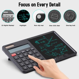 HIHUHEN Calculator with Writing Pad - Solar & Battery Dual Power Supply - 12-Digit Large Display Calculator for Business and Office Use (Black)