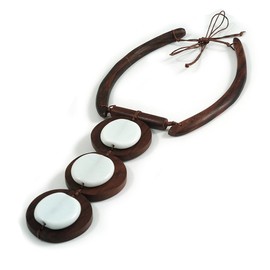 Avalaya Brown Eco-Friendly Wooden Necklace with White Ceramic Beads – Structural Design, 43cm Min Length, 15cm Pendant
