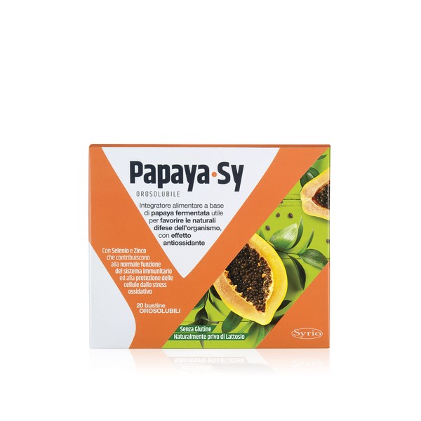 Syrio Integratori Alimentari, Papaya-Sy Integratore alimentare a base di 4g Papaya fermentata ad Azione Antiossidante, per le Difese Immunitarie con Zinco e Selenio, 20 bustine orosolubili