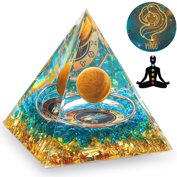 HuiJuKeJi Orgonite Pyramid Virgo Healing Stone Zodiac Sign Gifts - 12 Constellation & Tiger's Eye Stone Crystal Pyramid for Astrology Energy Healing Reiki Chakra Spiritual Decoration 6 cm - Virgo
