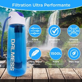 DALMESS Water Filter Bottle, 750 ml, BPA-Free, Filters 99.99% of Bacteria, Blue
