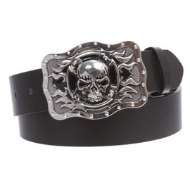 1 1/2" Snap On Western Rectangular Skull Flame Cross Buckle With Plain Belt, Black | L - 35"~37"