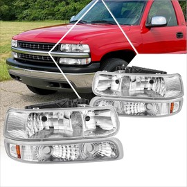 PM PERFORMOTOR Headlights Assembly Compatible with 1999 2000 2001 2002 Chevy Silverado / 2000-2006 Chevy Suburban Tahoe 4Pcs Headlamps+Bumper Lamps Chrome Housing Amber Corner