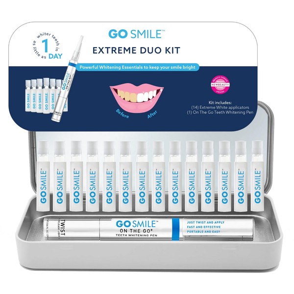 GO SMILE Extreme Duo Professional Teeth Whitening Travel Tin- Stain Remover Kit Includes 1 Enamel Whitening Brush Pen & 14 Extreme Whitener Applicator Swabs for On The Go, No Tooth Or Gum Sensitivity