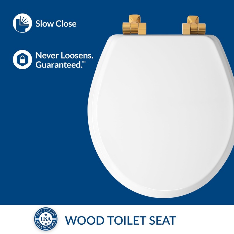 Mayfair Bennett Toilet Seat with Brushed Gold Hinges, Slow Close