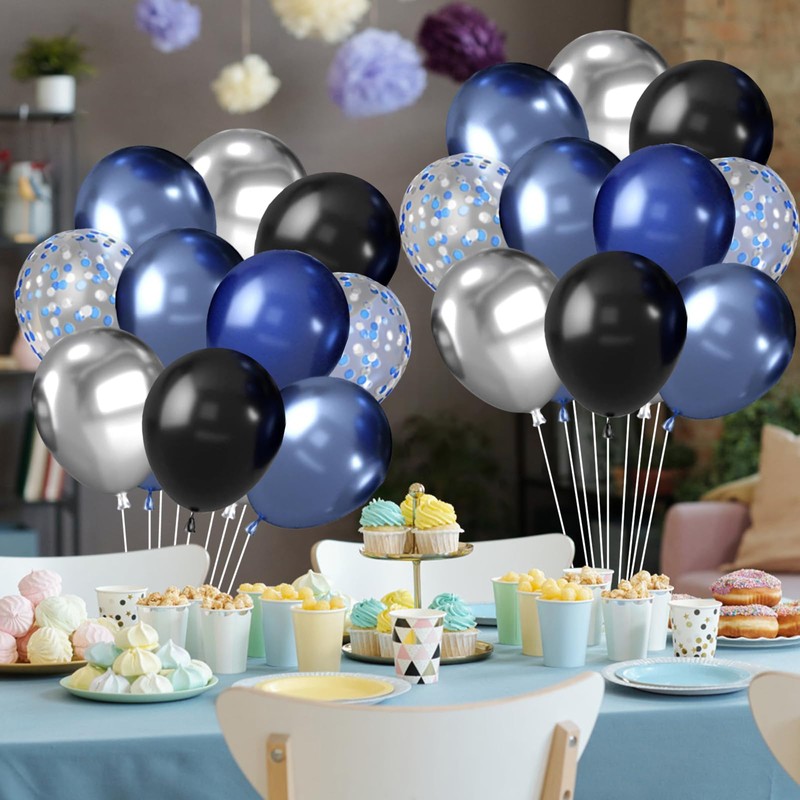 Latex Balloons, Navy Blue Silver, 49 Pieces Metallic Blue Confetti