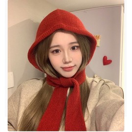 [OISO] Knitted Hood Balaclava Women's Winter Hat Scarf Combo Scarf Grey 2ea