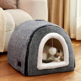 OMIVIER Cat Bed for Indoor Cats,2-in-1 Convertible Cat Bed & Cave,Foldable Washable Cat House,Soft and Thick Removable Inner pad, Anti-Slip Bottom,cat Tent for Kittens,Cats & Small Dogs,Dark Grey