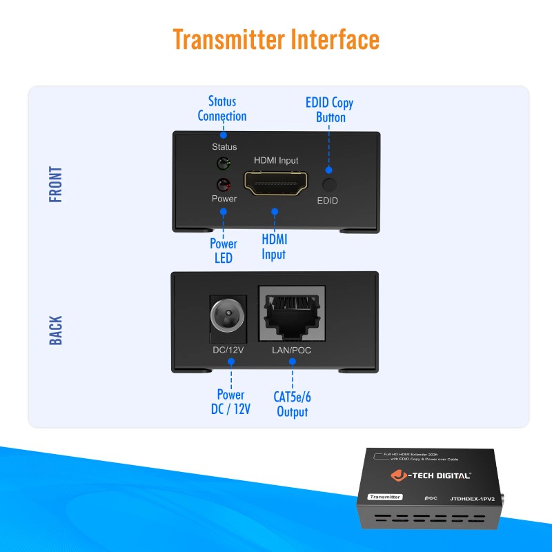 J-Tech Digital 1080P HDMI over Ethernet Extender w/ PoC up