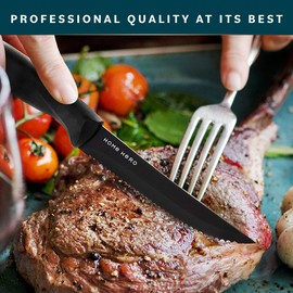 Home Hero Steak Knives, Razor-Sharp Steak Knives Set, High-Carbon Stainless Steel Steak Knife Set, Ergonomic Handles Serrated Steak Knives for Precise Cutting (12 Pcs - Black)