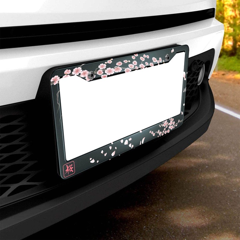 HOSNYE Japan Cherry Branch License Plate Frame Blooming Flowers Hieroglyph
