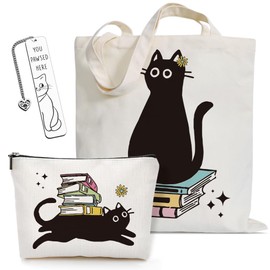 QIMIUTB Cat Lover Black Cat Tote bag Gift for Women,Book Lover,Animal Tote Cotton Bags for Shopping Beach,Coffee Shop,Canvas Tote Bag with Book Marks and Makeup Bag Birthday for Cat Lover-3