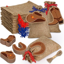 JarThenaAMCS 50 Pcs Burlap Drawstring Cowboy candy Bags with Boot Hat Horseshoe Tags Western Cowgirl Linen Sacks Candy Treat Gift Pouches for Party Supplies, 3.9 x 5.9 In