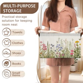 Floral Meadow Storage Basket Large 17x11.5x10.5 Inche-Collapsible Fabric Organizer Bin with Handles for Garden Party, Boho Decor, Living Room-Decorative Hamper with Field Flower Pattern-Single Pack