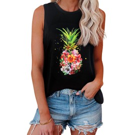 My Sky Womens Tank Tops Summer Beach Cute Sleeveless Shirts Casual Loose Tunic Blouse(Black Pineapple,M)