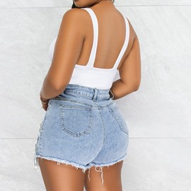 CYLADY Women High Waisted Denim Shorts Ripped Jeans Frayed Raw Hem Tassels Jean Shorts, Medium, Blue