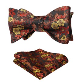 HISDERN Mens Gold Orange Black Bow Ties Floral Self Tie Bow Tie and Pocket Square Jacquard Silk Bowtie Formal Tuxedo Wedding Bowties Handkerchief Set