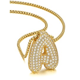 KeyStyle Chunky Initial A Necklace Gold for Women, 20+2" Adjustable Box Chain with Tank Tops, Bubble Letter Pendant & Hypoallergenic Jewelry,