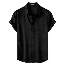 ZEROYAA Mens Summer Short-Sleeve Shirts Regular-Fit Satin Jacquard Button Down Tops for Vacation Party Black Medium