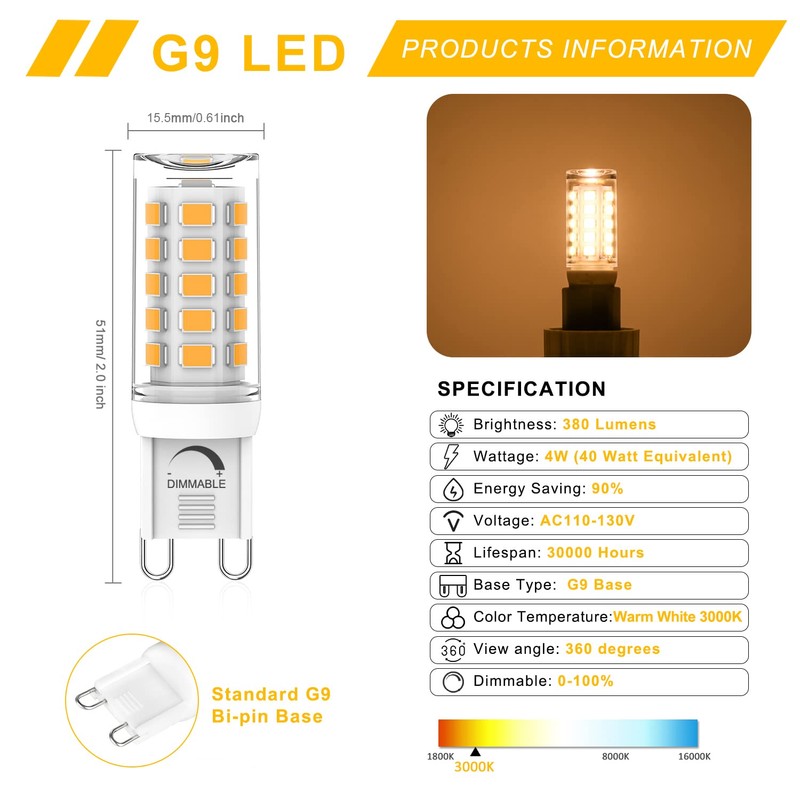 YUIIP G9 LED Bulb Dimmable, 4W, 40W Halogen Equivalent, 3000K