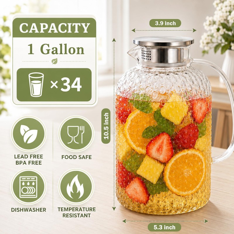 1 Gallon Circular Glass Pitcher with Lid, Round Teapot with