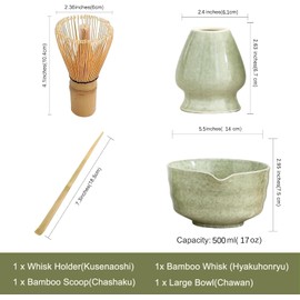 Matcha Whisk Set Ceramic Matcha Whisk Reusable Matcha Bowl Kit Tea Making Tools includes Matcha Bowl with Spout, Matcha Sifter and Bamboo Scoop for Tea Lovers (Matcha Green, 4PCS)