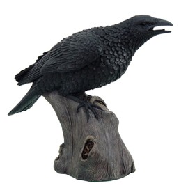 Large 14" Tall Black Raven Crow Bird on Tree Stump Statue Figurine Stalking Dying Prey